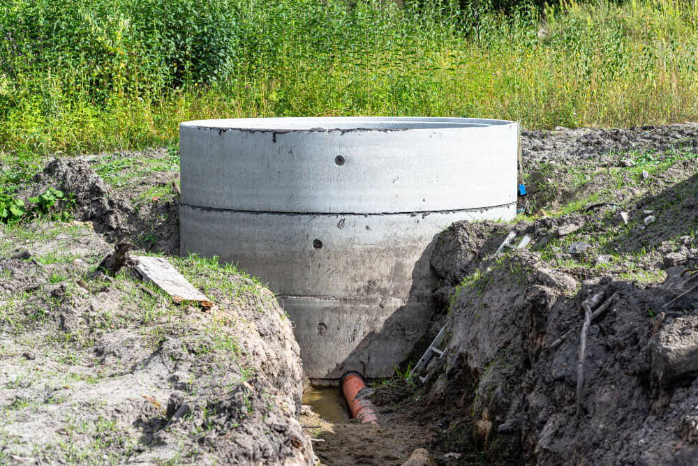 Concrete septic tank made of several rings with an orange drainpipe at the bottom.
